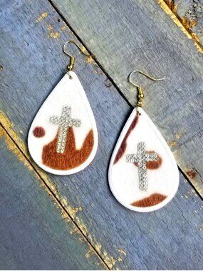 Earrings. Faux Cowhide. Rhinestone Cross. Pierced. NWT.